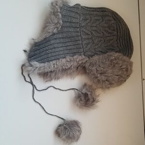 Gray Knit Trapper Hat with Faux Fur